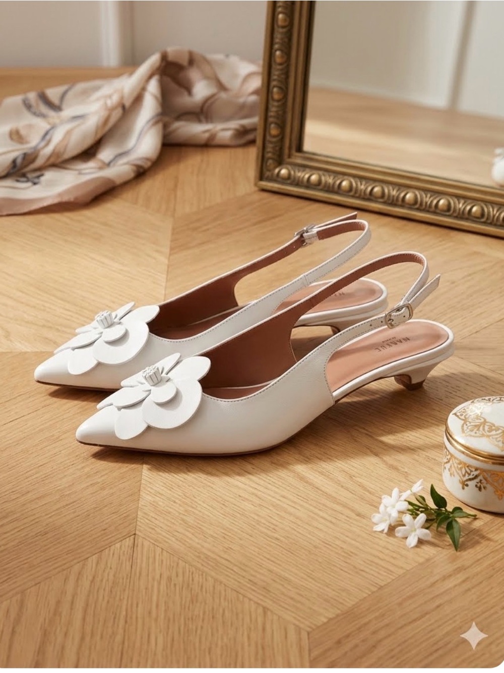 Maeve Floral Slingback Low Heel 8.5 White White Leather Orchid Flower Shoes
